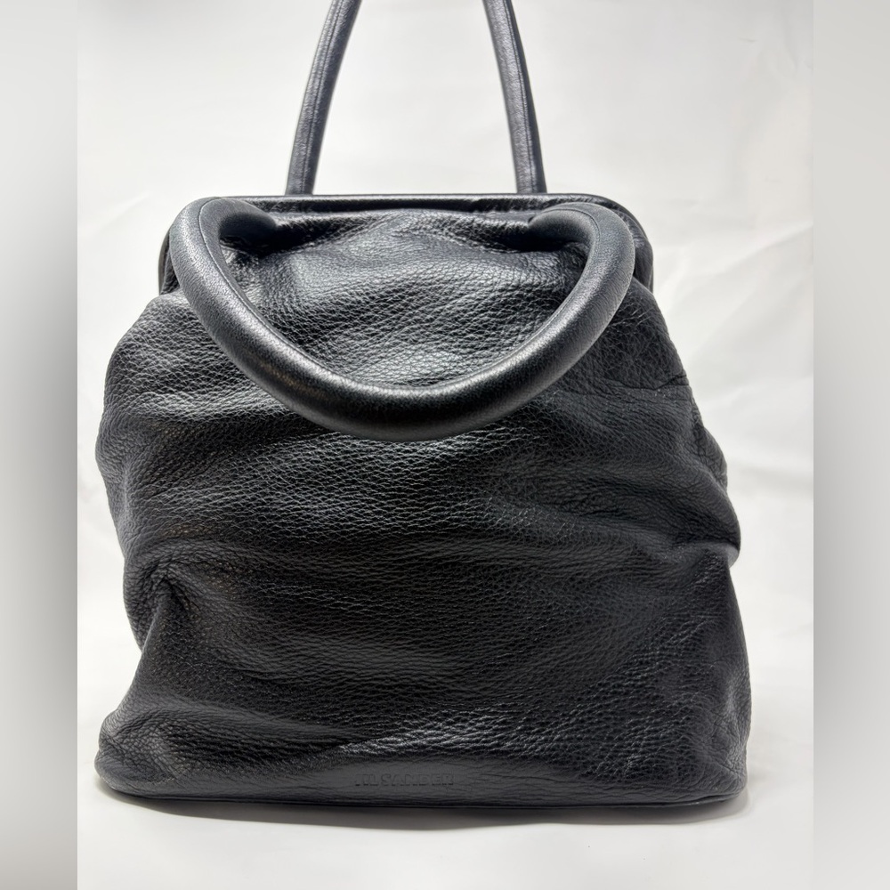 Jil Sander Black Pebbled Leather Frame Tote Doctor Bag Minimalist Made in Spain